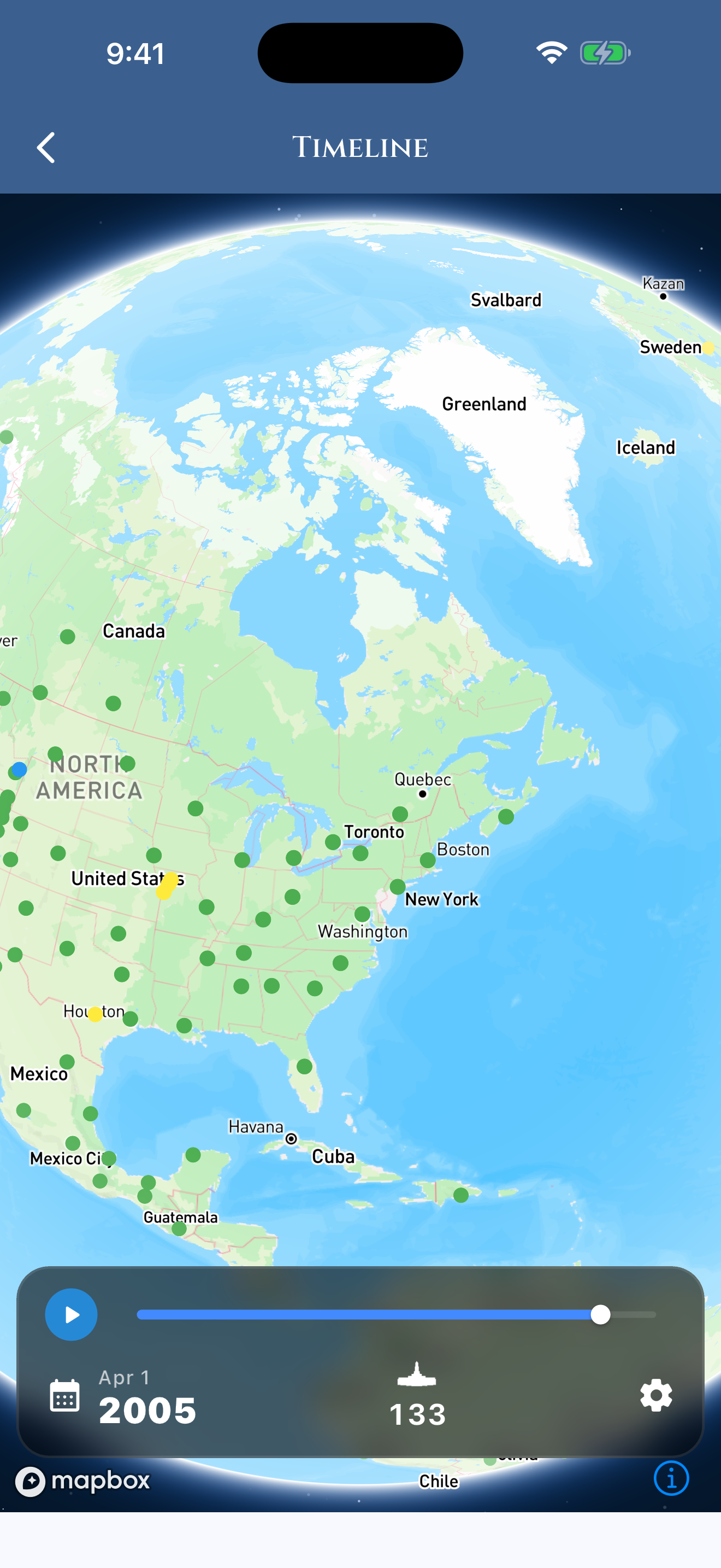 Dot the Earth App - Animated temple timeline showing growth of LDS temples over time