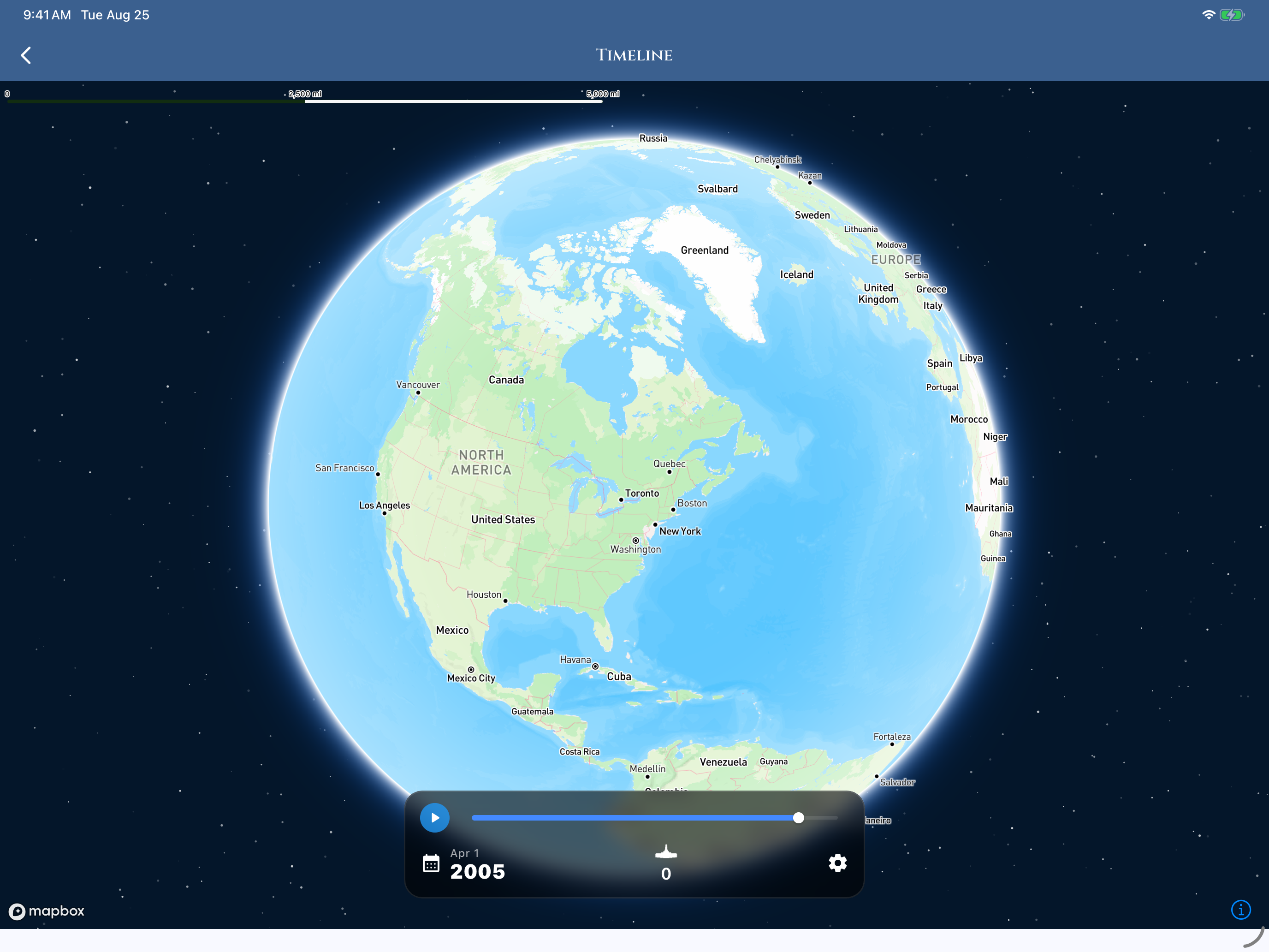 Dot the Earth App - Timeline View Tablet