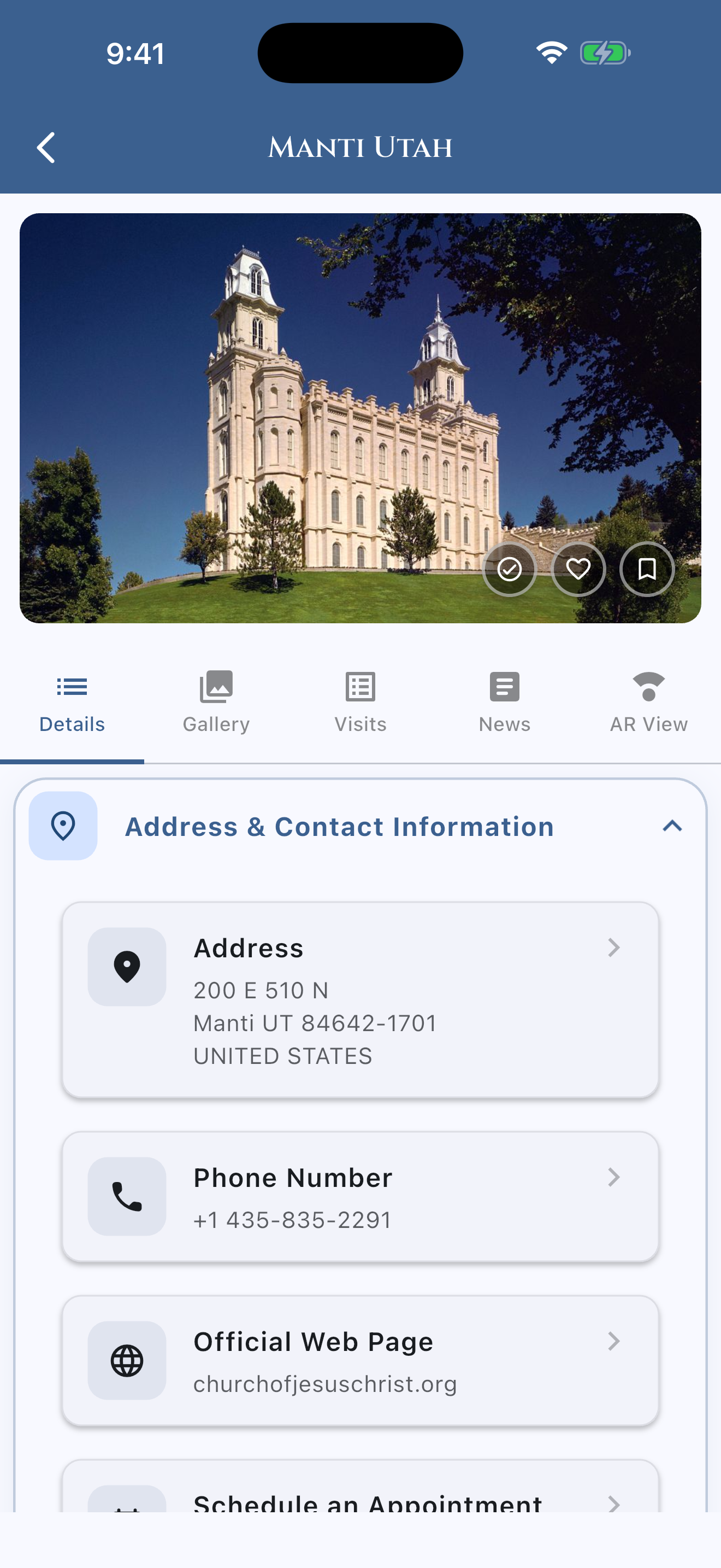 Dot the Earth App - LDS Temple details page with personal visit log and journal editor